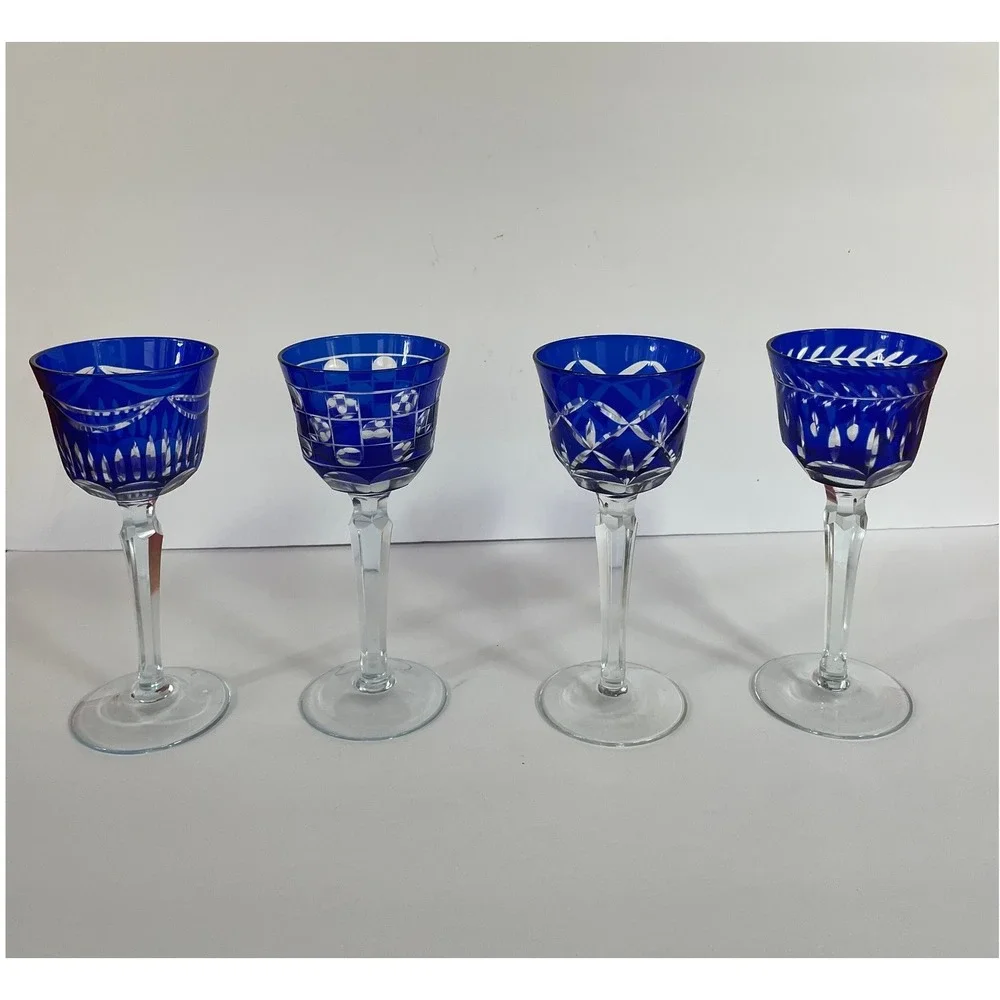Mixed Geometric Pattern Crystal Hock Cordial Stemware Hand Blown Czech Glass, 4